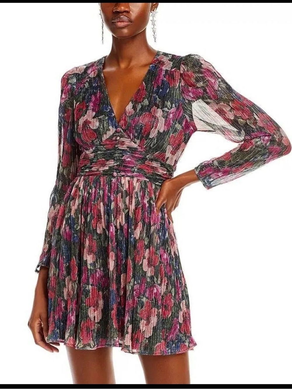 NWT - Aqua Multicolor Floral Pleated V-Neck Dress